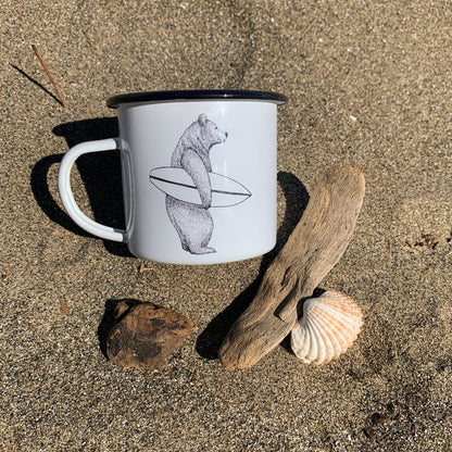 EMAILLE Tasse | Surferbär Bruno | Schwarz Weiß